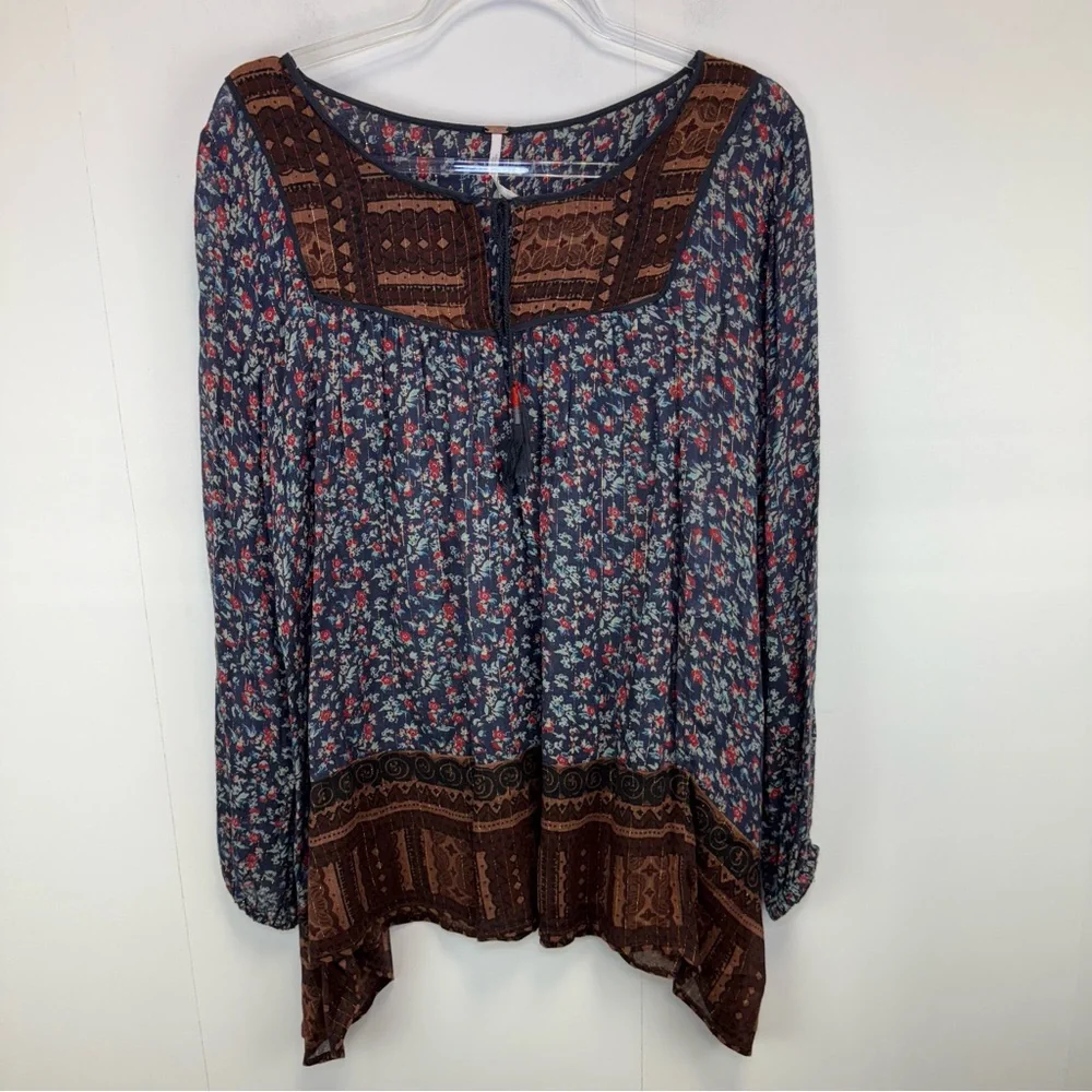 Free‎ People Dream Lovers Tunic Navy Brown Floral metallic Medium Boho Festival